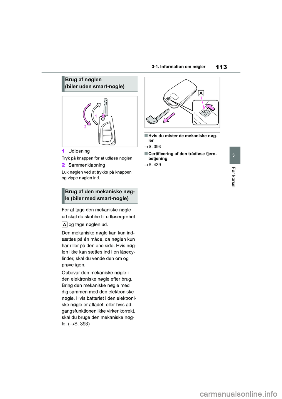 TOYOTA YARIS HATCHBACK 2021  Brugsanvisning (in Danish) 113
3
YARIS(HB) Owners Manual_Europe_MK0001_da
3-1. Information om nøgler
Før kørsel
1Udløsning
Tryk på knappen for at udløse nøglen
2Sammenklapning
Luk nøglen ved at trykke på knappen 
og v