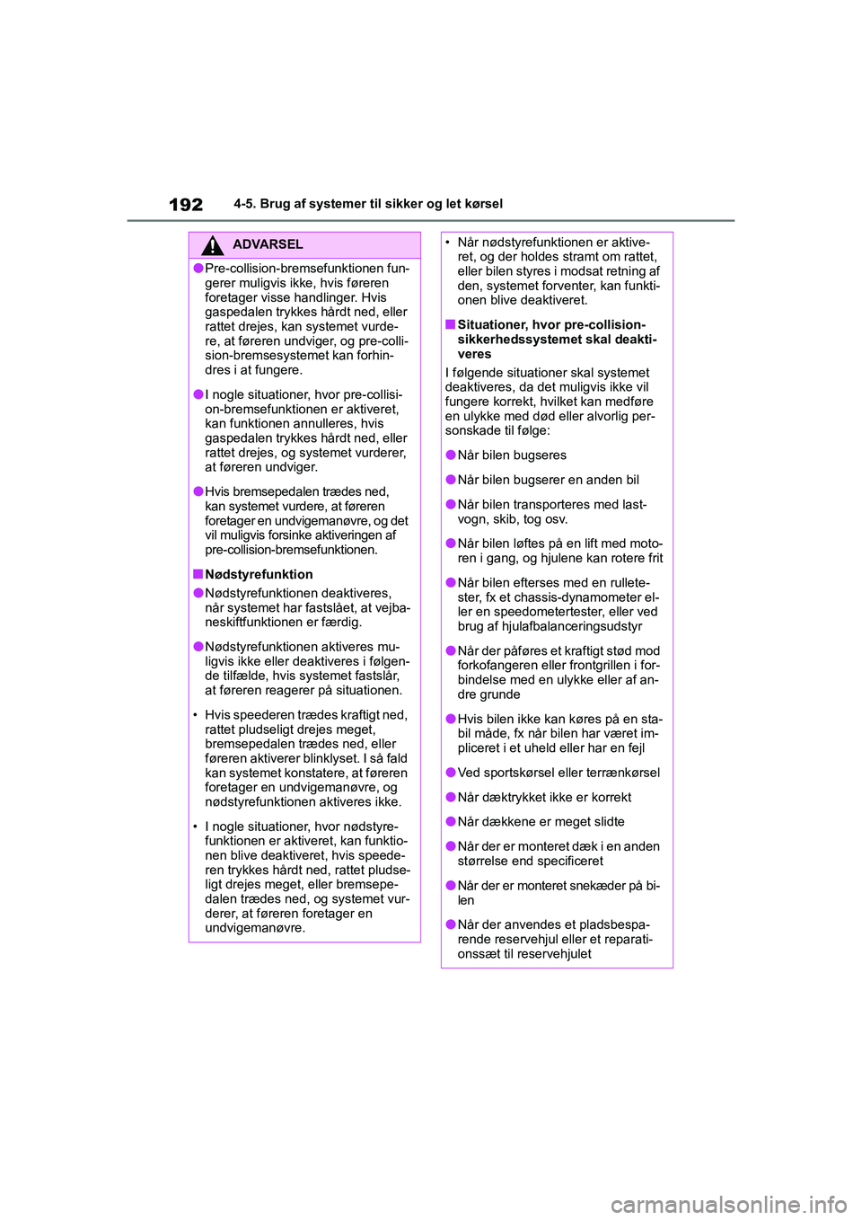 TOYOTA YARIS HATCHBACK 2021  Brugsanvisning (in Danish) 192
YARIS(HB) Owners Manual_Europe_MK0001_da
4-5. Brug af systemer til sikker og let kørsel
ADVARSEL
lPre-collision-bremsefunktionen fun-
gerer muligvis ikke, hvis føreren 
foretager visse handling