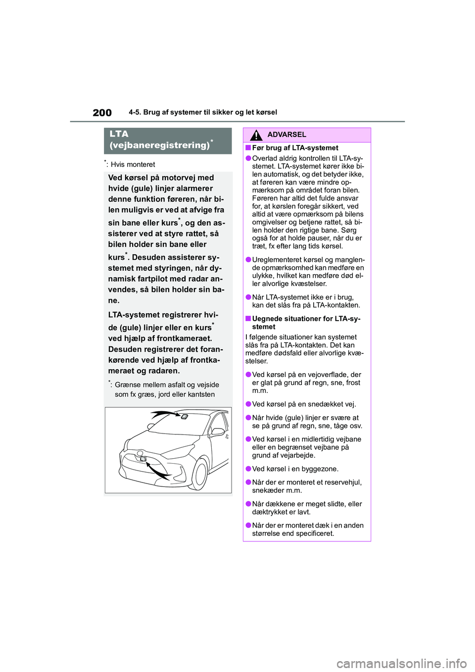 TOYOTA YARIS HATCHBACK 2021  Brugsanvisning (in Danish) 200
YARIS(HB) Owners Manual_Europe_MK0001_da
4-5. Brug af systemer til sikker og let kørsel
*: Hvis monteret
LTA 
(vejbaneregistrering)*
Ved kørsel på motorvej med 
hvide (gule) linjer alarmerer 

