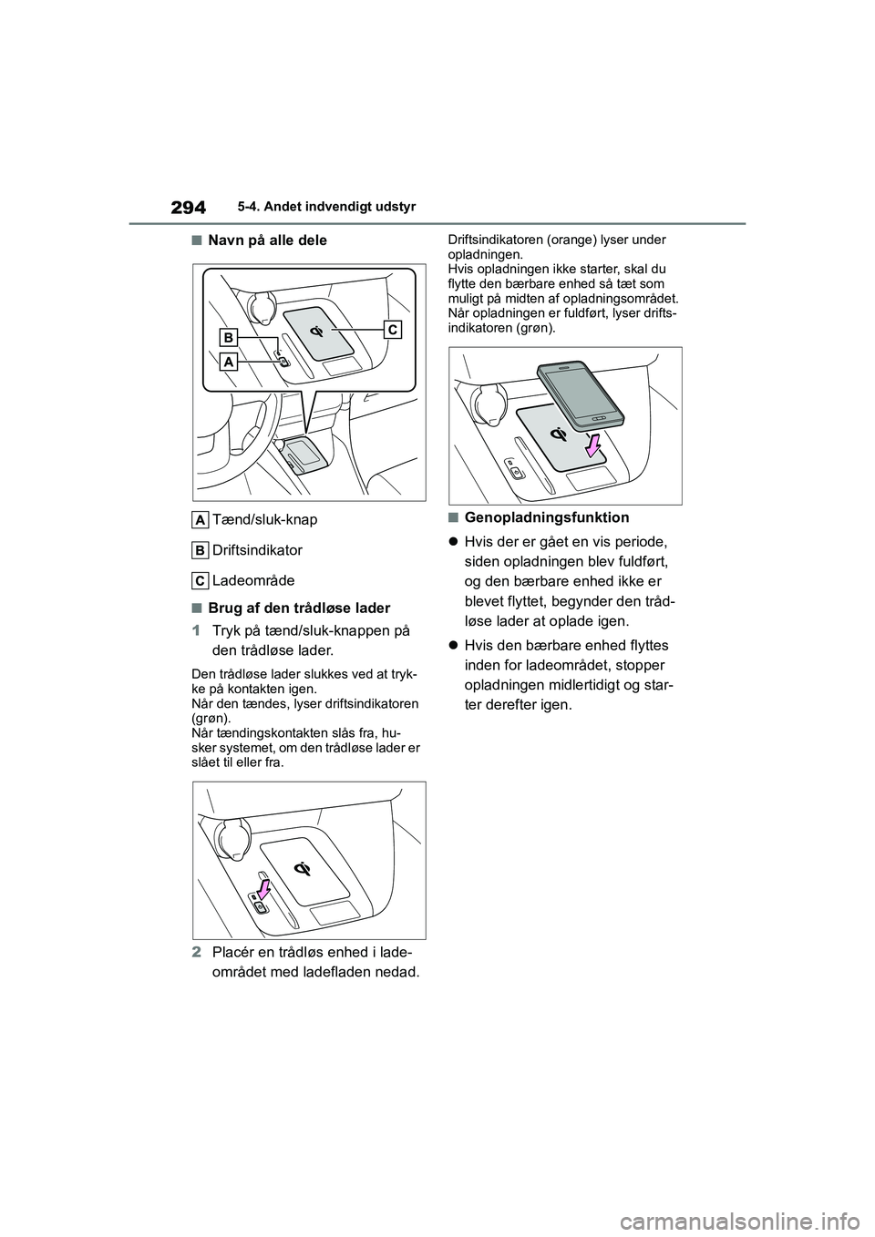 TOYOTA YARIS HATCHBACK 2021  Brugsanvisning (in Danish) 294
YARIS(HB) Owners Manual_Europe_MK0001_da
5-4. Andet indvendigt udstyr
nNavn på alle deleTænd/sluk-knap
Driftsindikator
Ladeområde
nBrug af den trådløse lader
1 Tryk på tænd/sluk-knappen p