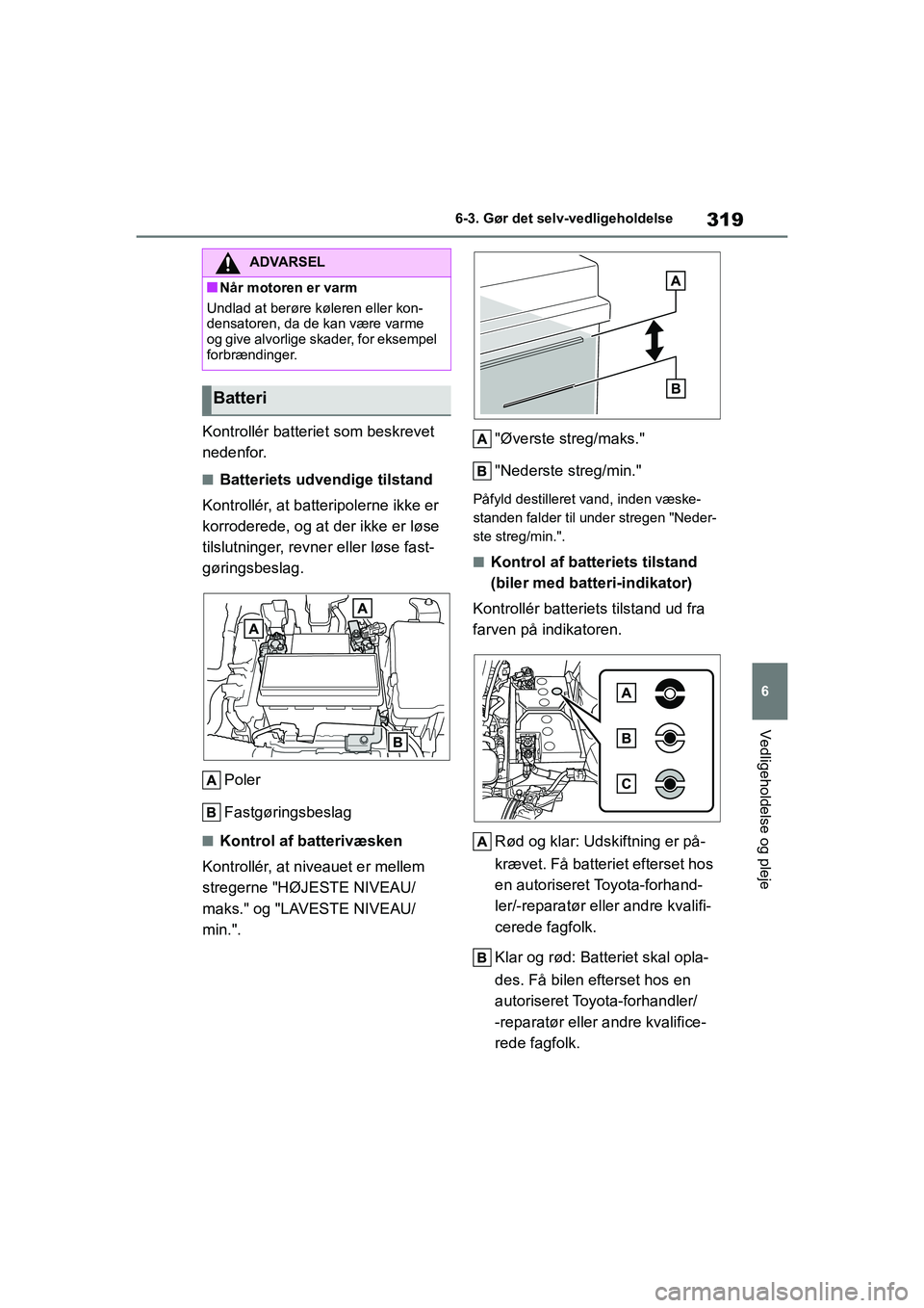 TOYOTA YARIS HATCHBACK 2021  Brugsanvisning (in Danish) 319
6
YARIS(HB) Owners Manual_Europe_MK0001_da
6-3. Gør det selv-vedligeholdelse
Vedligeholdelse og pleje
Kontrollér batteriet som beskrevet 
nedenfor.
nBatteriets udvendige tilstand
Kontrollér, a