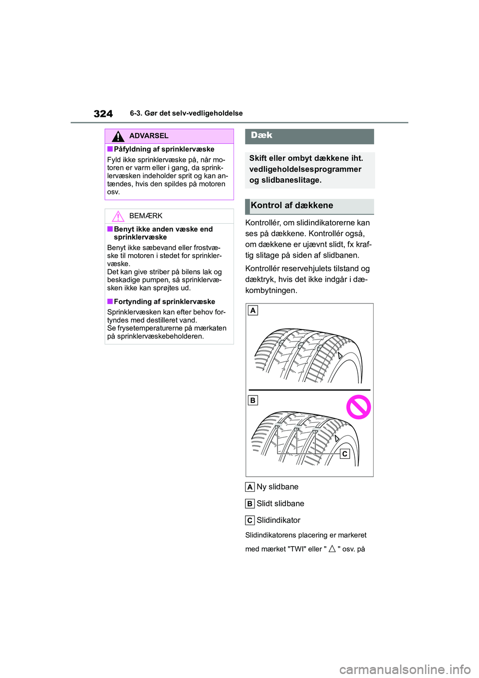 TOYOTA YARIS HATCHBACK 2021  Brugsanvisning (in Danish) 324
YARIS(HB) Owners Manual_Europe_MK0001_da
6-3. Gør det selv-vedligeholdelse
Kontrollér, om slidindikatorerne kan 
ses på dækkene. Kontrollér også, 
om dækkene er ujævnt slidt, fx kraf-
tig