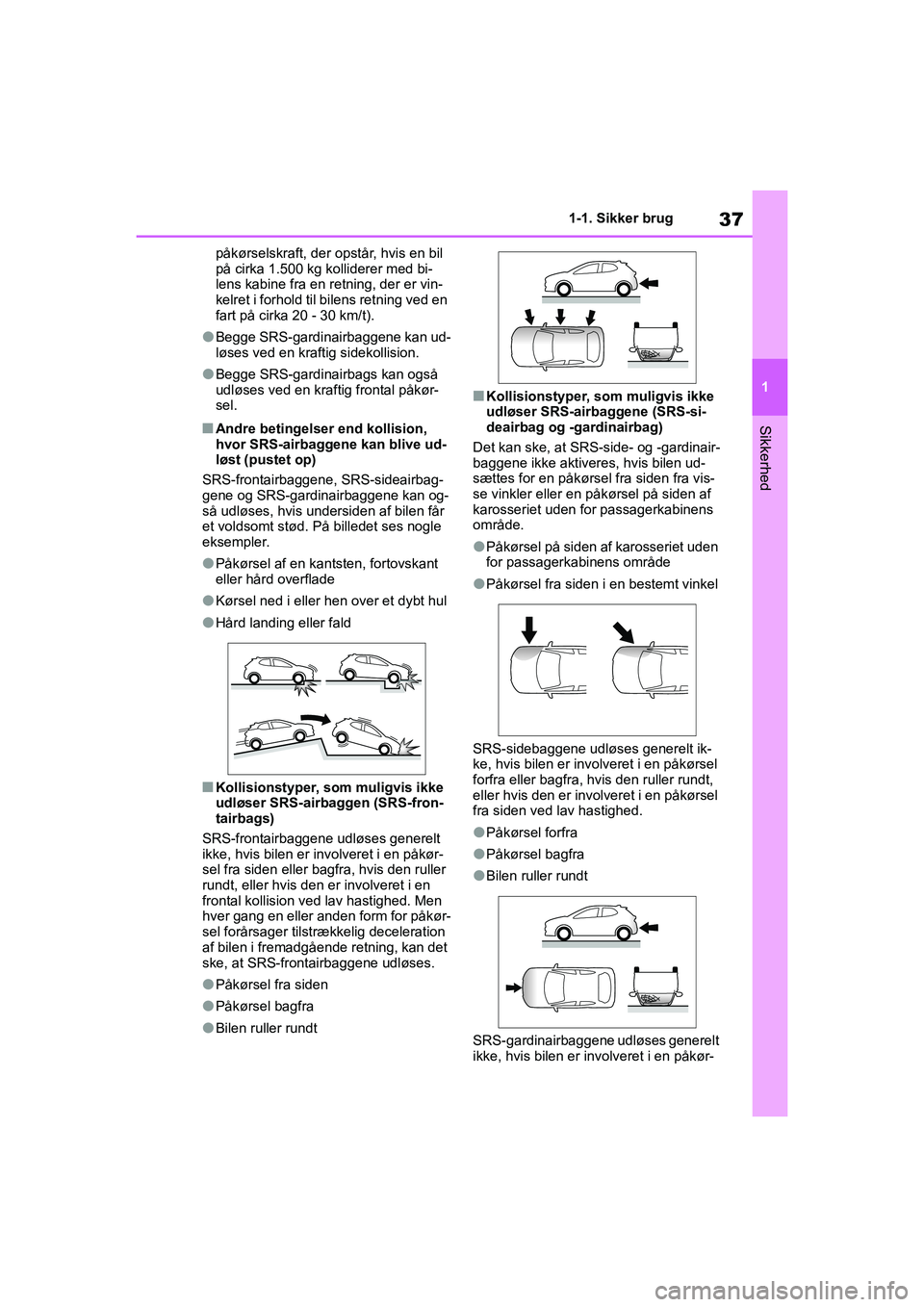 TOYOTA YARIS HATCHBACK 2021  Brugsanvisning (in Danish) 37
1
YARIS(HB) Owners Manual_Europe_MK0001_da
1-1. Sikker brug
Sikkerhed
påkørselskraft, der opstår, hvis en bil 
på cirka 1.500 kg kolliderer med bi-
lens kabine fra en retning, der er vin-
kelr