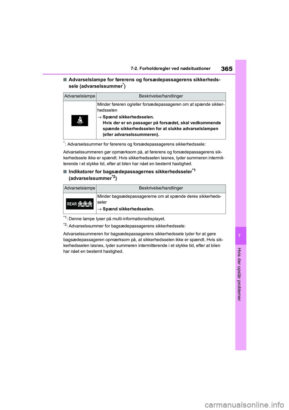 TOYOTA YARIS HATCHBACK 2021  Brugsanvisning (in Danish) 365
7
YARIS(HB) Owners Manual_Europe_MK0001_da
7-2. Forholdsregler ved nødsituationer
Hvis der opstår problemer
nAdvarselslampe for førerens og forsædepassagerens sikkerheds-
sele (advarselssumme
