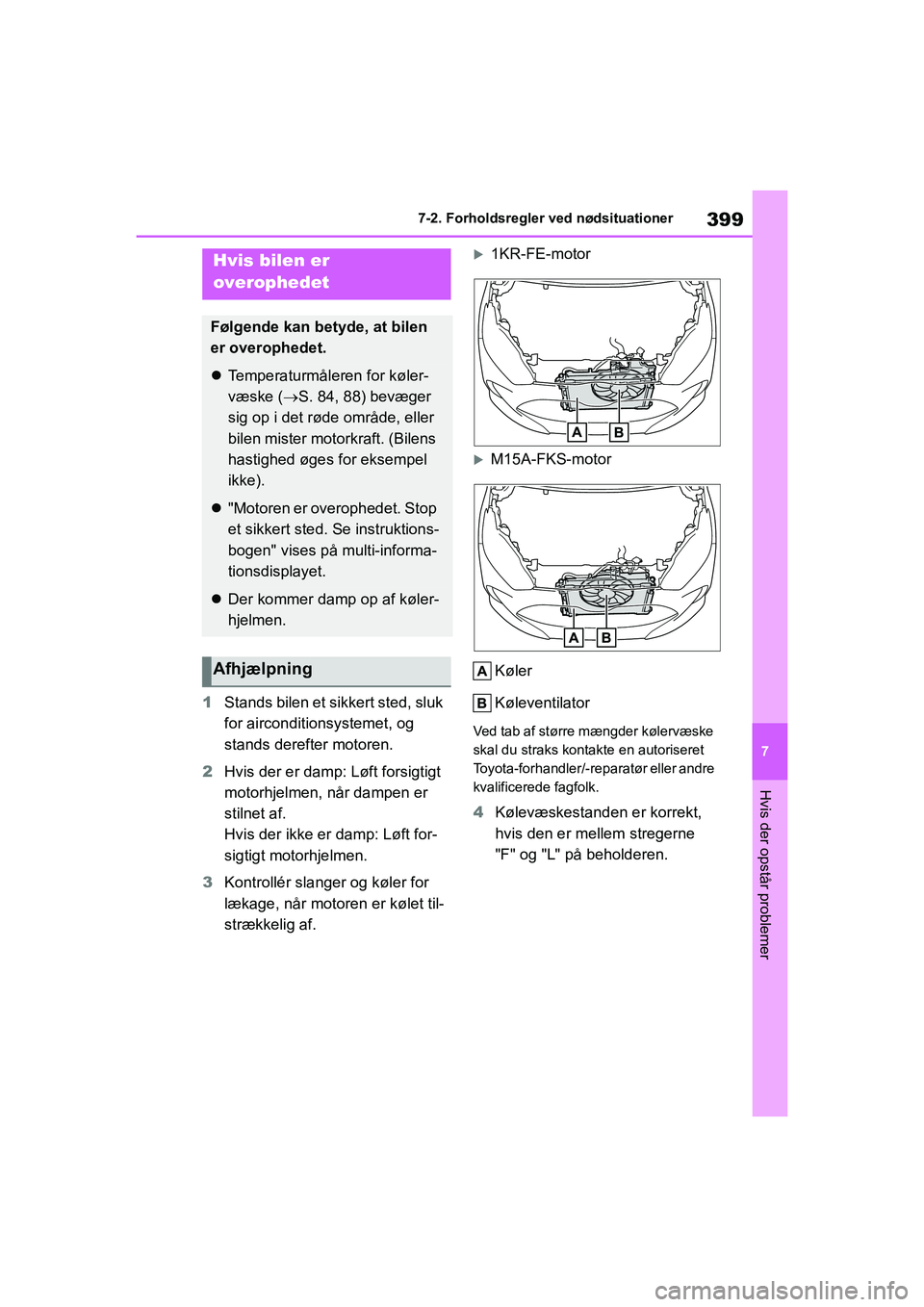 TOYOTA YARIS HATCHBACK 2021  Brugsanvisning (in Danish) 399
7
YARIS(HB) Owners Manual_Europe_MK0001_da
7-2. Forholdsregler ved nødsituationer
Hvis der opstår problemer
1Stands bilen et sikkert sted, sluk 
for airconditionsystemet, og 
stands derefter mo