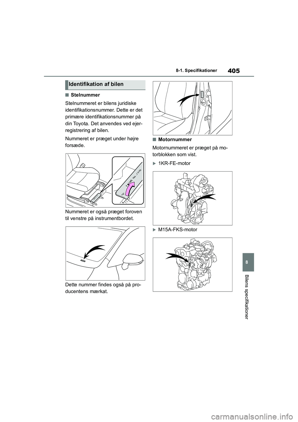 TOYOTA YARIS HATCHBACK 2021  Brugsanvisning (in Danish) 405
8
YARIS(HB) Owners Manual_Europe_MK0001_da
8-1. Specifikationer
Bilens specifikationer
nStelnummer
Stelnummeret er bilens juridiske 
identifikationsnummer. Dette er det 
primære identifikationsn
