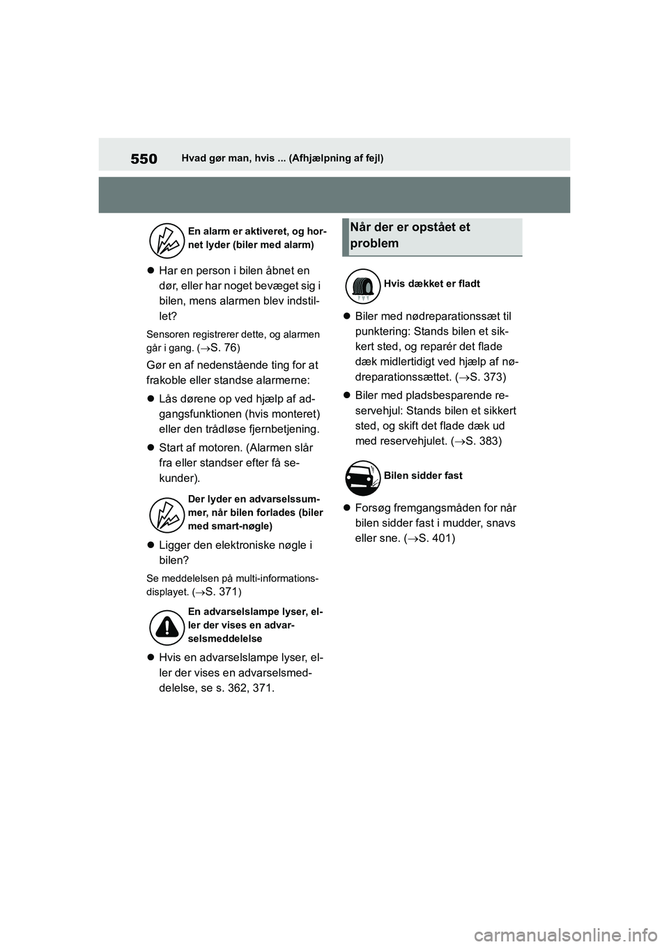 TOYOTA YARIS HATCHBACK 2021  Brugsanvisning (in Danish) 550
YARIS(HB) Owners Manual_Europe_MK0001_da
Hvad gør man, hvis ... (Afhjælpning af fejl)
Har en person i bilen åbnet en 
dør, eller har noget bevæget sig i 
bilen, mens alarmen blev indstil-