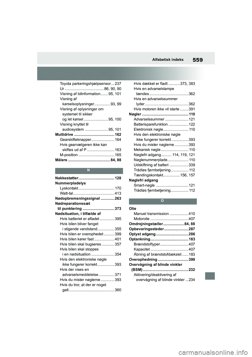 TOYOTA YARIS HATCHBACK 2021  Brugsanvisning (in Danish) 559
YARIS(HB) Owners Manual_Europe_MK0001_da
Alfabetisk indeks
Toyota parkeringshjælpsensor ... 237
Ur ..................................... 86, 90, 90
Visning af bilinformation ....... 95, 101
Visn
