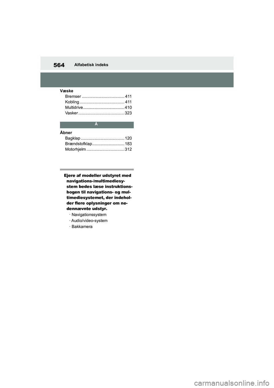 TOYOTA YARIS HATCHBACK 2021  Brugsanvisning (in Danish) 564
YARIS(HB) Owners Manual_Europe_MK0001_da
Alfabetisk indeks
Væske Bremser ..................................... 411
Kobling ....................................... 411
Multidrive.................