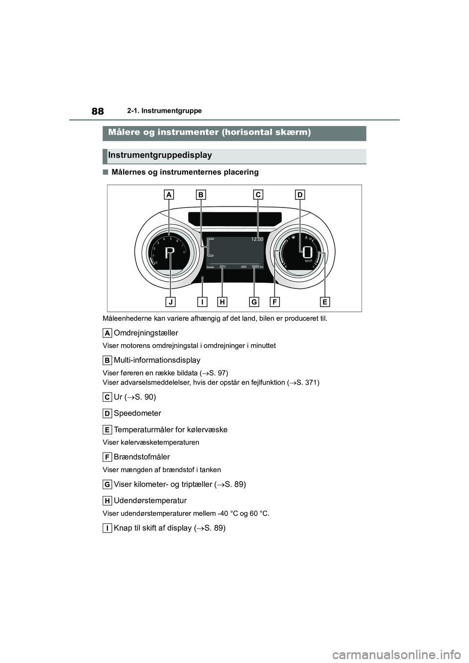 TOYOTA YARIS HATCHBACK 2021  Brugsanvisning (in Danish) 88
YARIS(HB) Owners Manual_Europe_MK0001_da
2-1. Instrumentgruppe
nMålernes og instrumenternes placering
Måleenhederne kan variere afhængig af det land, bilen er produceret til.
Omdrejningstæller