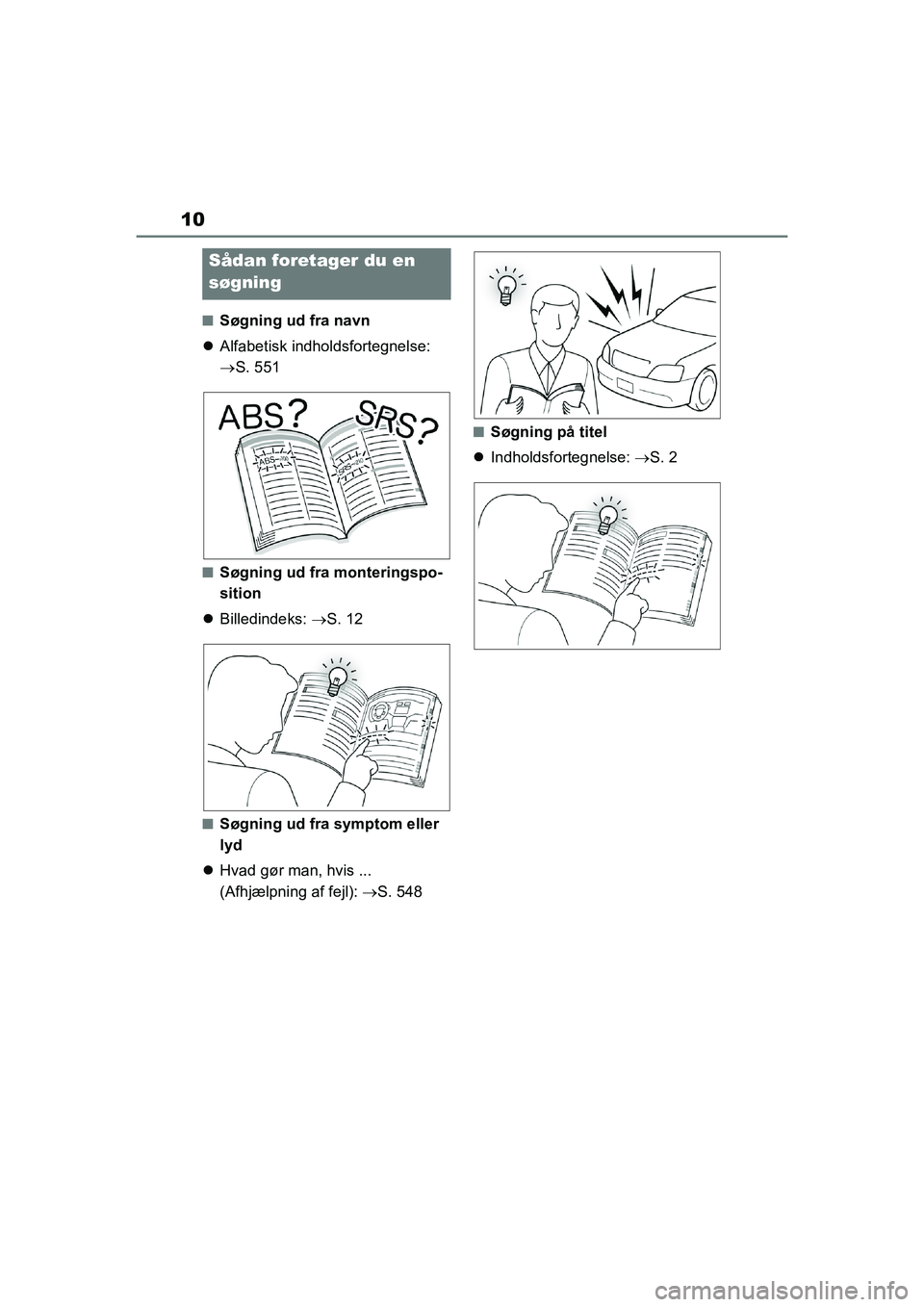 TOYOTA YARIS HATCHBACK 2021  Brugsanvisning (in Danish) 10
YARIS(HB) Owners Manual_Europe_MK0001_da
nSøgning ud fra navn
 Alfabetisk indholdsfortegnelse: 
S. 551
nSøgning ud fra monteringspo-
sition
 Billedindeks:  S. 12
nSøgning ud fra sym