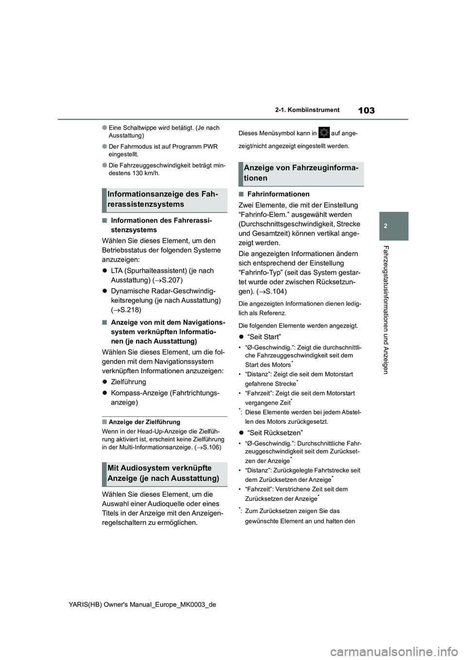 TOYOTA YARIS HATCHBACK 2021  Betriebsanleitungen (in German) 103
2
YARIS(HB) Owners Manual_Europe_MK0003_de
2-1. Kombiinstrument
Fahrzeugstatusinformationen und Anzeigen
●Eine Schaltwippe wird betätigt. (Je nach 
Ausstattung)
●Der Fahrmodus ist auf Progra