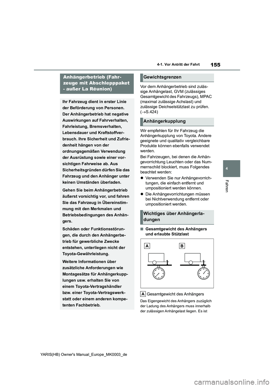 TOYOTA YARIS HATCHBACK 2021  Betriebsanleitungen (in German) 155
4
YARIS(HB) Owner's Manual_Europe_MK0003_de
4-1. Vor Antritt der Fahrt
Fahren
Vor dem Anhängerbetrieb sind zuläs-
sige Anhängelast, GVM (zulässiges 
Gesamtgewicht des Fahrzeugs), MPAC 
(ma