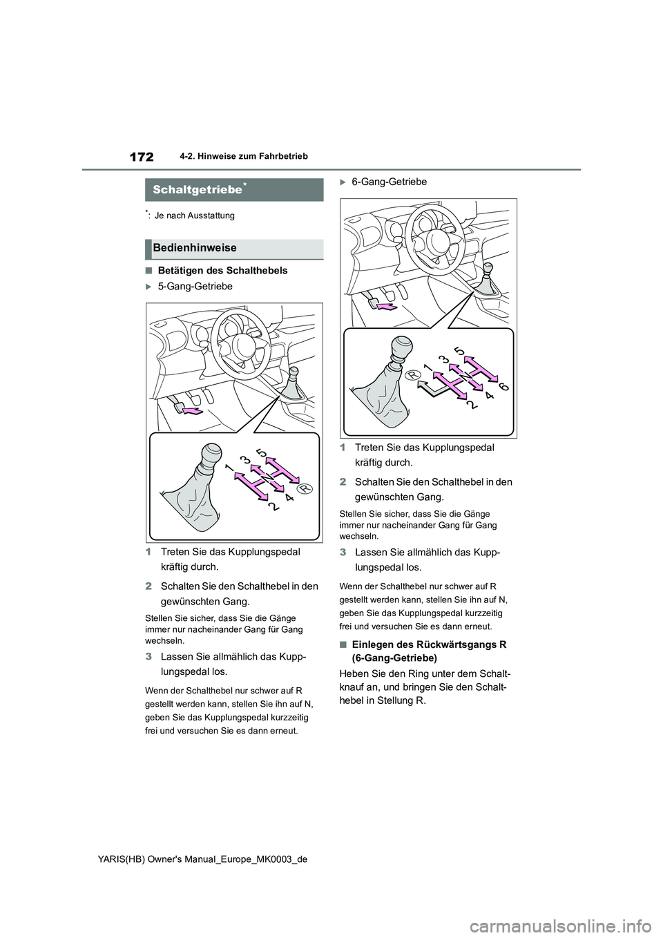 TOYOTA YARIS HATCHBACK 2021  Betriebsanleitungen (in German) 172
YARIS(HB) Owners Manual_Europe_MK0003_de
4-2. Hinweise zum Fahrbetrieb
*: Je nach Ausstattung
■Betätigen des Schalthebels
5-Gang-Getriebe 
1 Treten Sie das Kupplungspedal  
kräftig durch. 
