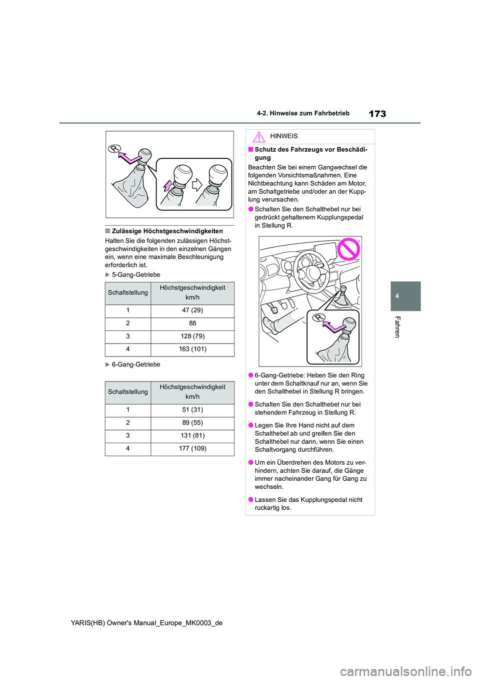 TOYOTA YARIS HATCHBACK 2021  Betriebsanleitungen (in German) 173
4
YARIS(HB) Owners Manual_Europe_MK0003_de
4-2. Hinweise zum Fahrbetrieb
Fahren
■Zulässige Höchstgeschwindigkeiten 
Halten Sie die folgenden zulässigen Höchst- geschwindigkeiten in den einz