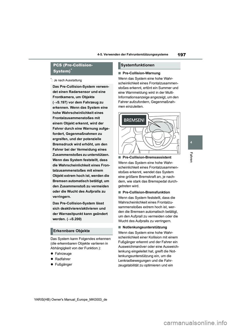 TOYOTA YARIS HATCHBACK 2021  Betriebsanleitungen (in German) 197
4
YARIS(HB) Owners Manual_Europe_MK0003_de
4-5. Verwenden der Fahrunterstützungssysteme
Fahren
*: Je nach Ausstattung
Das System kann Folgendes erkennen 
(die erkennbaren Objekte variieren in 
A