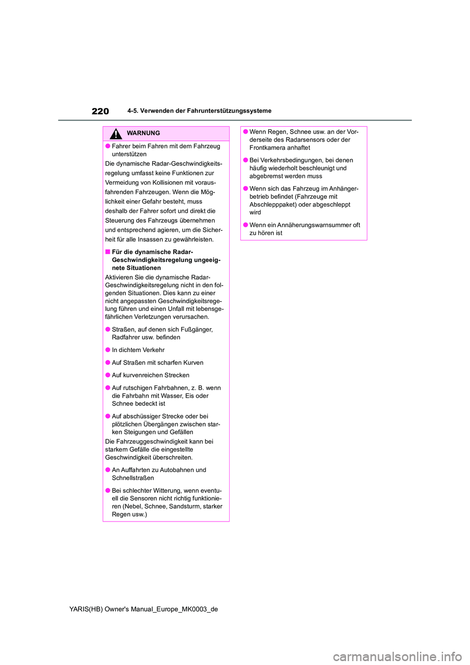 TOYOTA YARIS HATCHBACK 2021  Betriebsanleitungen (in German) 220
YARIS(HB) Owners Manual_Europe_MK0003_de
4-5. Verwenden der Fahrunterstützungssysteme
WARNUNG
●Fahrer beim Fahren mit dem Fahrzeug  
unterstützen 
Die dynamische Radar-Geschwindigkeits-
regel