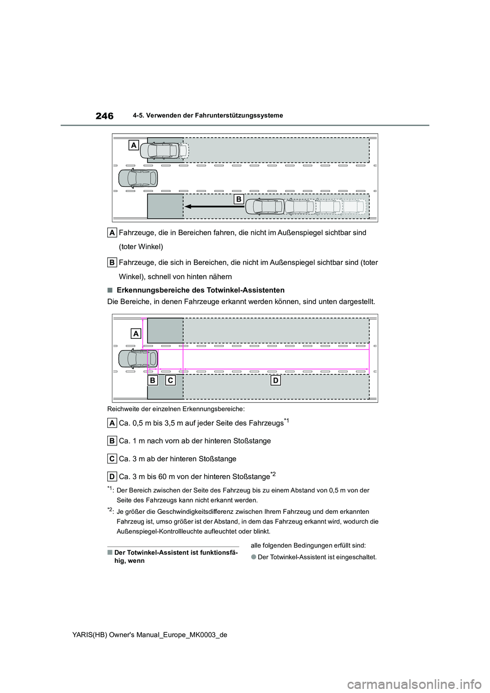 TOYOTA YARIS HATCHBACK 2021  Betriebsanleitungen (in German) 246
YARIS(HB) Owners Manual_Europe_MK0003_de
4-5. Verwenden der Fahrunterstützungssysteme
Fahrzeuge, die in Bereichen fahren, die nicht im Außenspiegel sichtbar sind  
(toter Winkel) 
Fahrzeuge, di
