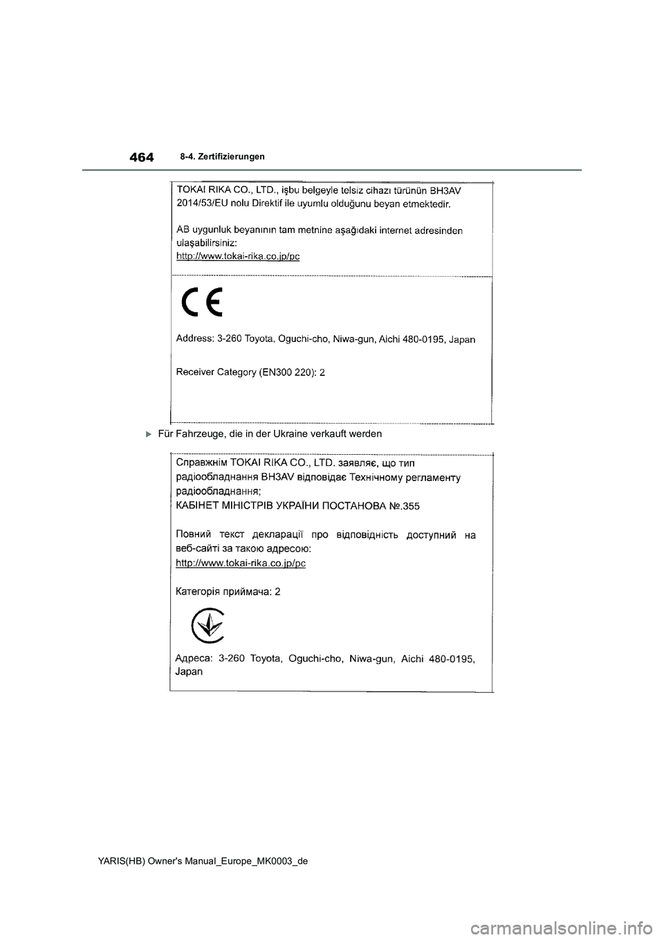 TOYOTA YARIS HATCHBACK 2021  Betriebsanleitungen (in German) 464
YARIS(HB) Owners Manual_Europe_MK0003_de
8-4. Zertifizierungen
Für Fahrzeuge, die in der Ukraine verkauft werden 