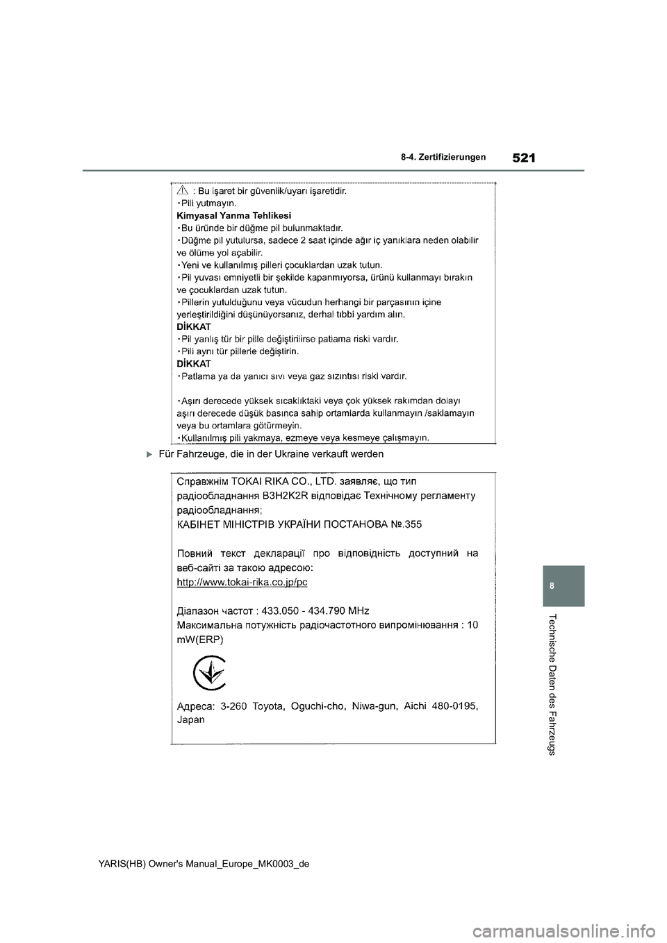 TOYOTA YARIS HATCHBACK 2021  Betriebsanleitungen (in German) 521
8
YARIS(HB) Owners Manual_Europe_MK0003_de
8-4. Zertifizierungen
Technische Daten des Fahrzeugs
Für Fahrzeuge, die in der Ukraine verkauft werden 
