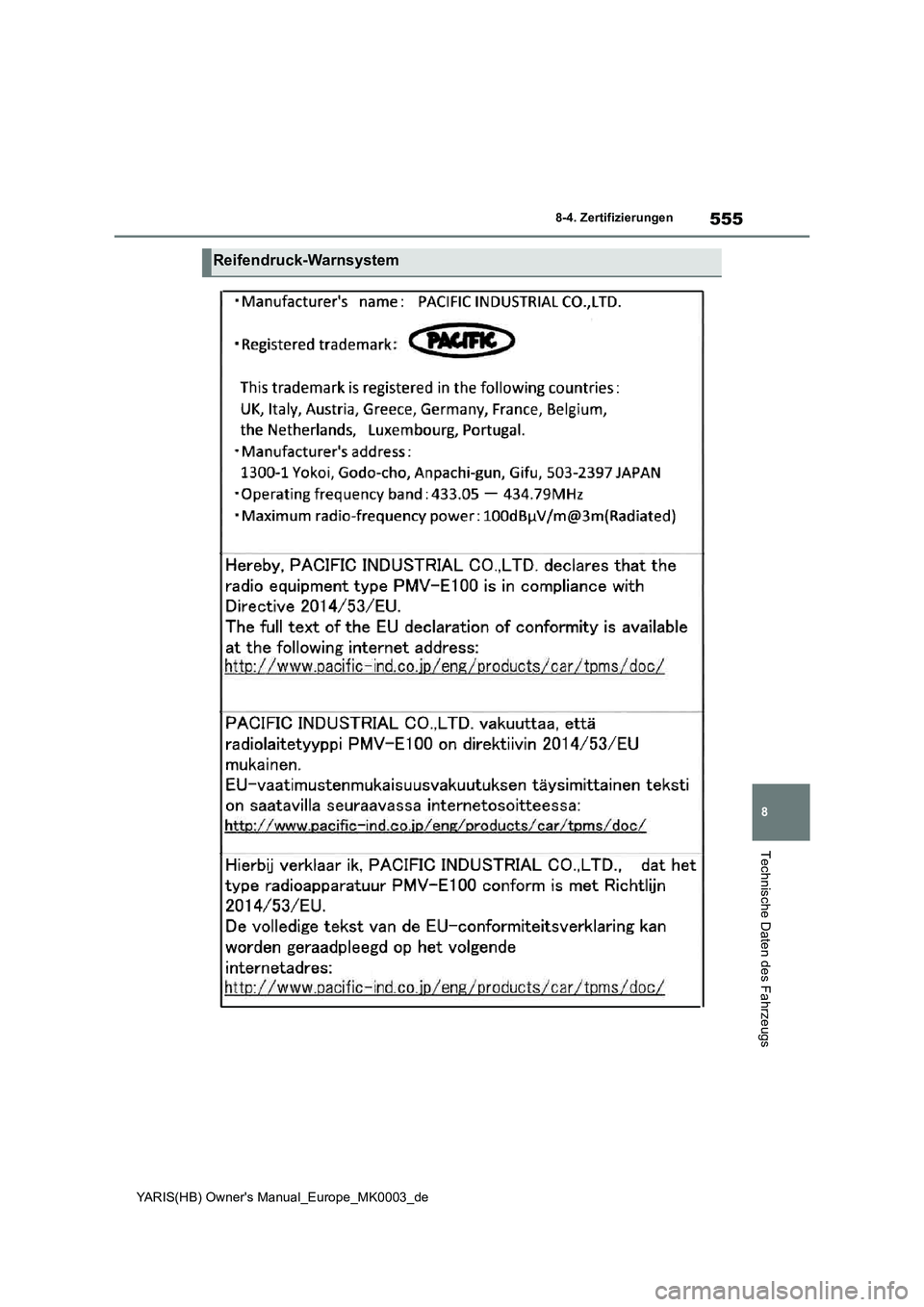 TOYOTA YARIS HATCHBACK 2021  Betriebsanleitungen (in German) 555
8
YARIS(HB) Owners Manual_Europe_MK0003_de
8-4. Zertifizierungen
Technische Daten des Fahrzeugs
Reifendruck-Warnsystem 