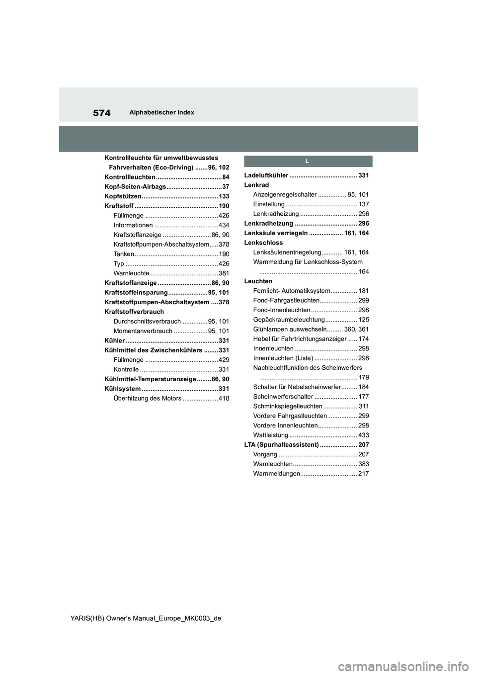 TOYOTA YARIS HATCHBACK 2021  Betriebsanleitungen (in German) 574
YARIS(HB) Owners Manual_Europe_MK0003_de
Alphabetischer Index
Kontrollleuchte für umweltbewusstes 
Fahrverhalten (Eco-Driving) ....... 96, 102
Kontrollleuchten ..................................