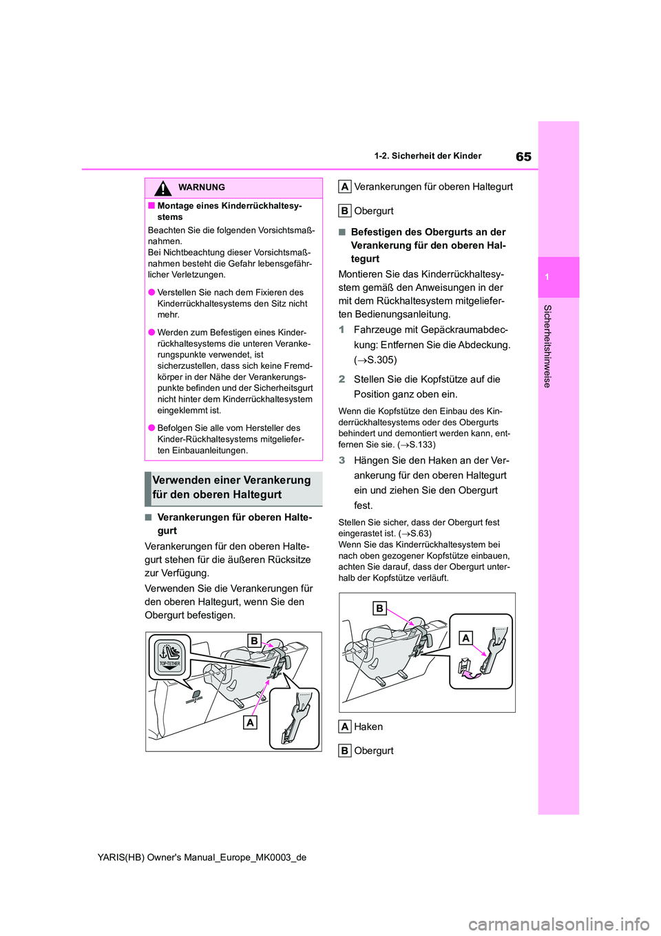 TOYOTA YARIS HATCHBACK 2021  Betriebsanleitungen (in German) 65
1
YARIS(HB) Owners Manual_Europe_MK0003_de
1-2. Sicherheit der Kinder
Sicherheitshinweise
■Verankerungen für oberen Halte- 
gurt 
Verankerungen für den oberen Halte- 
gurt stehen für die äu
