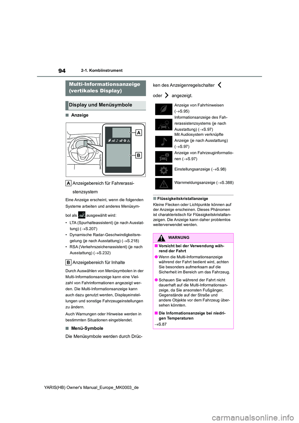 TOYOTA YARIS HATCHBACK 2021  Betriebsanleitungen (in German) 94
YARIS(HB) Owners Manual_Europe_MK0003_de
2-1. Kombiinstrument
■Anzeige 
Anzeigebereich für Fahrerassi- 
stenzsystem
Eine Anzeige erscheint, wenn die folgenden  
Systeme arbeiten und anderes Men