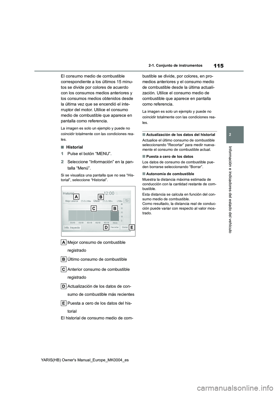 TOYOTA YARIS HATCHBACK 2021 Manual del propietario (in Spanish) 115
2
YARIS(HB) Owners Manual_Europe_MK0004_es
2-1. Conjunto de instrumentos
Información e indicadores del estado del vehículo
El consumo medio de combustible
correspondiente a los últimos 15 min TOYOTA YARIS HATCHBACK 2021 Manual del propietario (in Spanish) 115
2
YARIS(HB) Owners Manual_Europe_MK0004_es
2-1. Conjunto de instrumentos
Información e indicadores del estado del vehículo
El consumo medio de combustible
correspondiente a los últimos 15 min