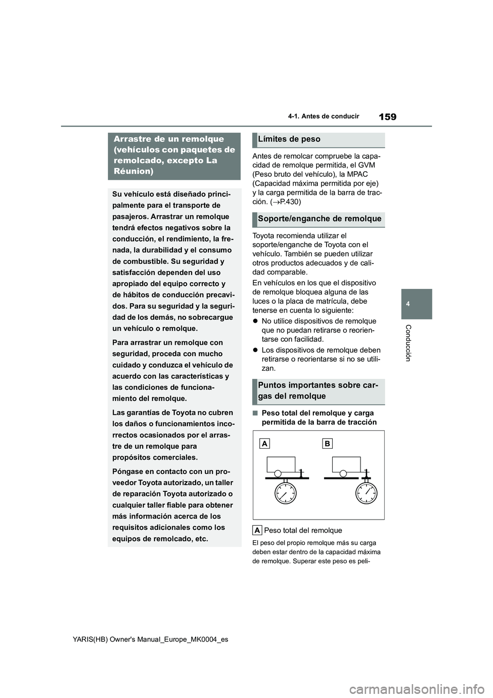 TOYOTA YARIS HATCHBACK 2021  Manual del propietario (in Spanish) 159
4
YARIS(HB) Owner's Manual_Europe_MK0004_es
4-1. Antes de conducir
Conducción
Antes de remolcar compruebe la capa-
cidad de remolque permitida, el GVM 
(Peso bruto del vehículo), la MPAC 
(C