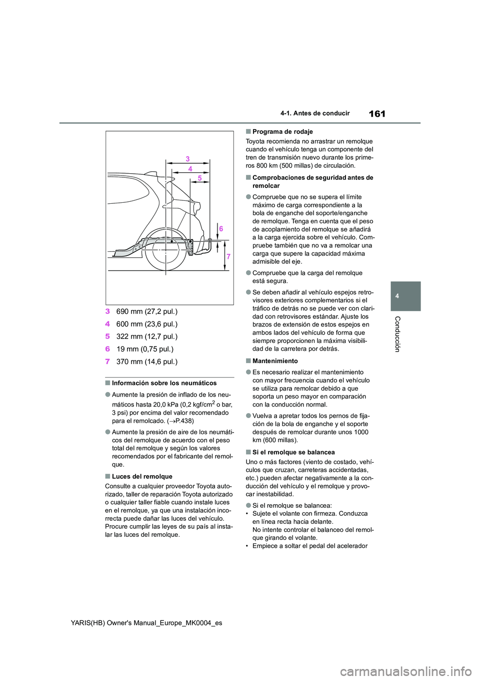 TOYOTA YARIS HATCHBACK 2021 Manual del propietario (in Spanish) 161
4
YARIS(HB) Owners Manual_Europe_MK0004_es
4-1. Antes de conducir
Conducción3690 mm (27,2 pul.)
4 600 mm (23,6 pul.)
5 322 mm (12,7 pul.)
6 19 mm (0,75 pul.)
7 370 mm (14,6 pul.)
■Informac TOYOTA YARIS HATCHBACK 2021 Manual del propietario (in Spanish) 161
4
YARIS(HB) Owners Manual_Europe_MK0004_es
4-1. Antes de conducir
Conducción3690 mm (27,2 pul.)
4 600 mm (23,6 pul.)
5 322 mm (12,7 pul.)
6 19 mm (0,75 pul.)
7 370 mm (14,6 pul.)
■Informac