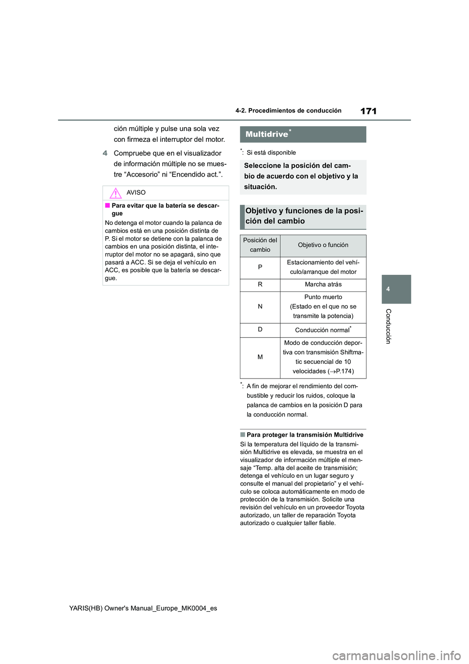 TOYOTA YARIS HATCHBACK 2021 Manual del propietario (in Spanish) 171
4
YARIS(HB) Owners Manual_Europe_MK0004_es
4-2. Procedimientos de conducción
Conducción
ción múltiple y pulse una sola vez
con firmeza el interruptor del motor.
4 Compruebe que en el visua TOYOTA YARIS HATCHBACK 2021 Manual del propietario (in Spanish) 171
4
YARIS(HB) Owners Manual_Europe_MK0004_es
4-2. Procedimientos de conducción
Conducción
ción múltiple y pulse una sola vez
con firmeza el interruptor del motor.
4 Compruebe que en el visua