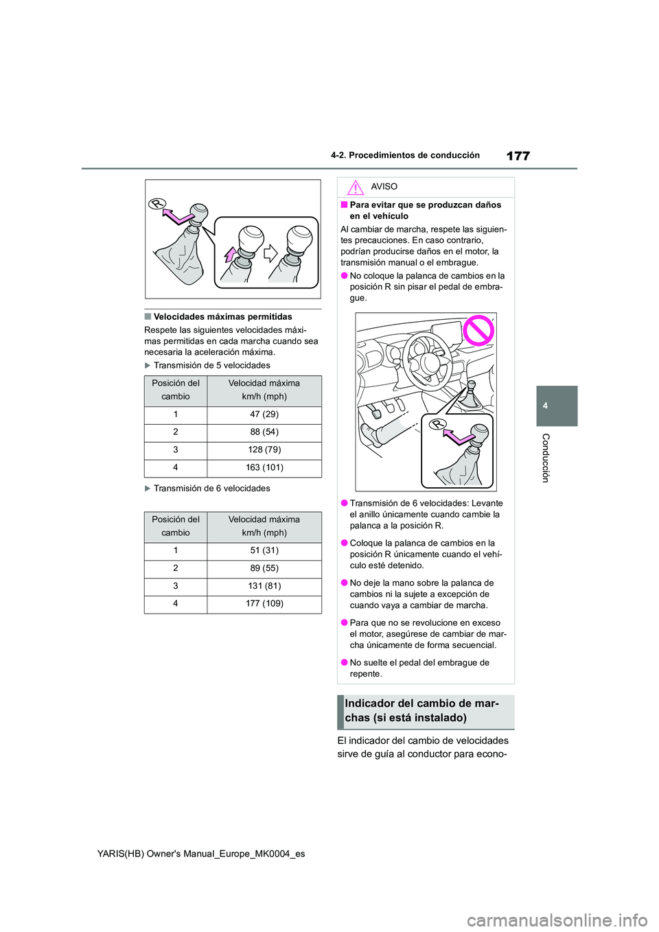 TOYOTA YARIS HATCHBACK 2021  Manual del propietario (in Spanish) 177
4
YARIS(HB) Owners Manual_Europe_MK0004_es
4-2. Procedimientos de conducción
Conducción
■Velocidades máximas permitidas 
Respete las siguientes velocidades máxi- mas permitidas en cada marc