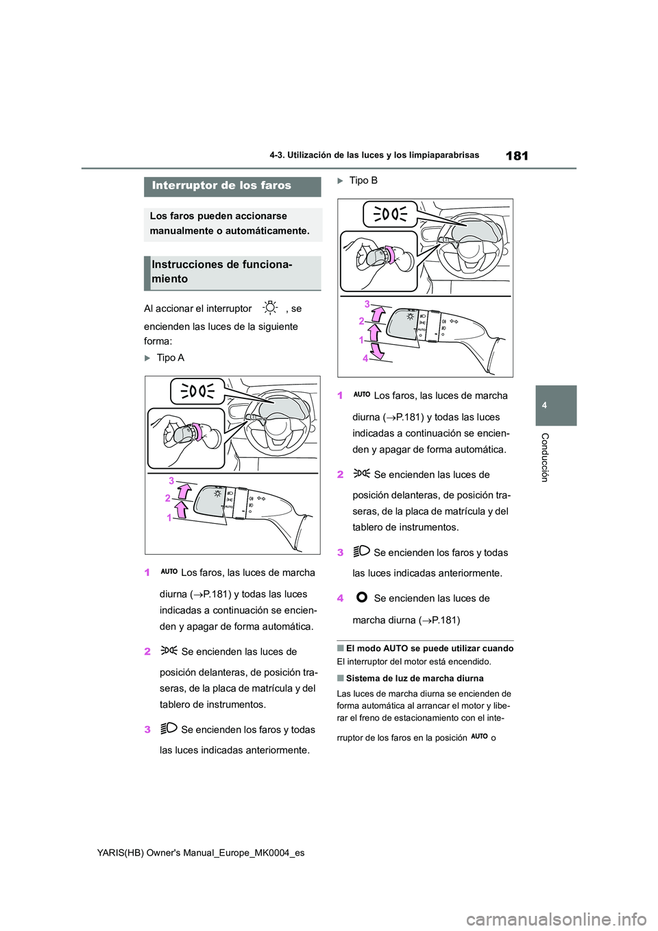 TOYOTA YARIS HATCHBACK 2021  Manual del propietario (in Spanish) 181
4
YARIS(HB) Owners Manual_Europe_MK0004_es
4-3. Utilización de las luces y los limpiaparabrisas
Conducción
4-3.Utiliz ación de la s luc es y lo s limp ia para brisa s
Al accionar el interrupto