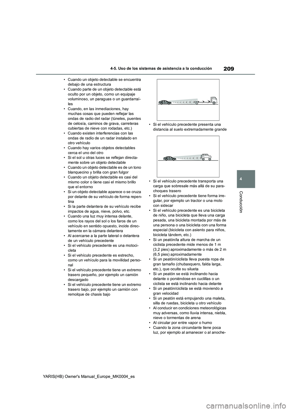 TOYOTA YARIS HATCHBACK 2021  Manual del propietario (in Spanish) 209
4
YARIS(HB) Owners Manual_Europe_MK0004_es
4-5. Uso de los sistemas de asistencia a la conducción
Conducción
• Cuando un objeto detectable se encuentra 
debajo de una estructura
• Cuando pa