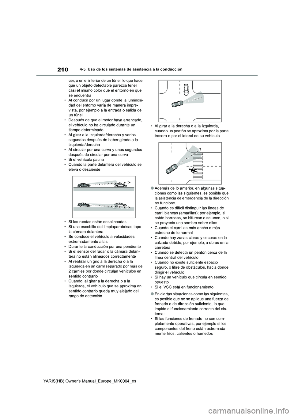 TOYOTA YARIS HATCHBACK 2021  Manual del propietario (in Spanish) 210
YARIS(HB) Owners Manual_Europe_MK0004_es
4-5. Uso de los sistemas de asistencia a la conducción
cer, o en el interior de un túnel, lo que hace 
que un objeto detectable parezca tener 
casi el m
