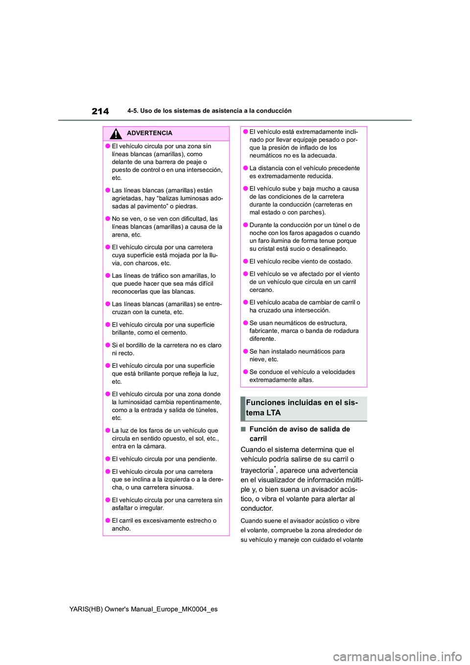 TOYOTA YARIS HATCHBACK 2021  Manual del propietario (in Spanish) 214
YARIS(HB) Owners Manual_Europe_MK0004_es
4-5. Uso de los sistemas de asistencia a la conducción
■Función de aviso de salida de  
carril 
Cuando el sistema determina que el  
vehículo podría