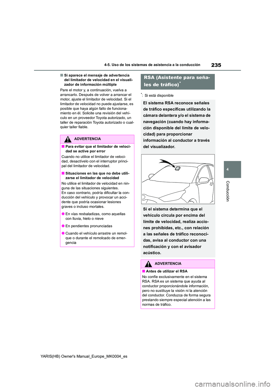 TOYOTA YARIS HATCHBACK 2021 Manual del propietario (in Spanish) 235
4
YARIS(HB) Owners Manual_Europe_MK0004_es
4-5. Uso de los sistemas de asistencia a la conducción
Conducción
■Si aparece el mensaje de advertencia del limitador de velocidad en el visuali-za TOYOTA YARIS HATCHBACK 2021 Manual del propietario (in Spanish) 235
4
YARIS(HB) Owners Manual_Europe_MK0004_es
4-5. Uso de los sistemas de asistencia a la conducción
Conducción
■Si aparece el mensaje de advertencia del limitador de velocidad en el visuali-za