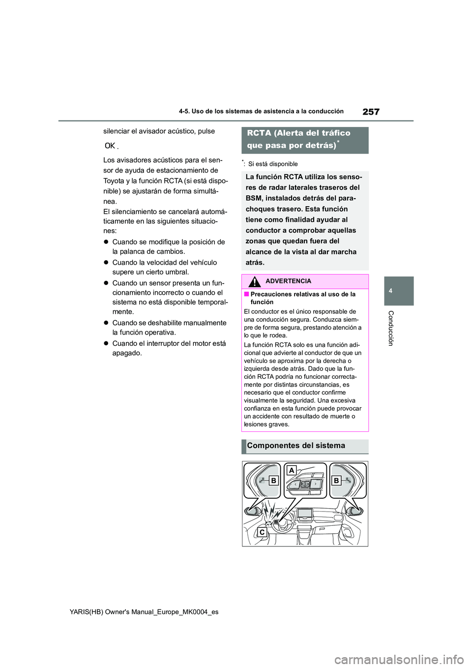 TOYOTA YARIS HATCHBACK 2021  Manual del propietario (in Spanish) 257
4
YARIS(HB) Owners Manual_Europe_MK0004_es
4-5. Uso de los sistemas de asistencia a la conducción
Conducción
silenciar el avisador acústico, pulse  
. 
Los avisadores acústicos para el sen- 
