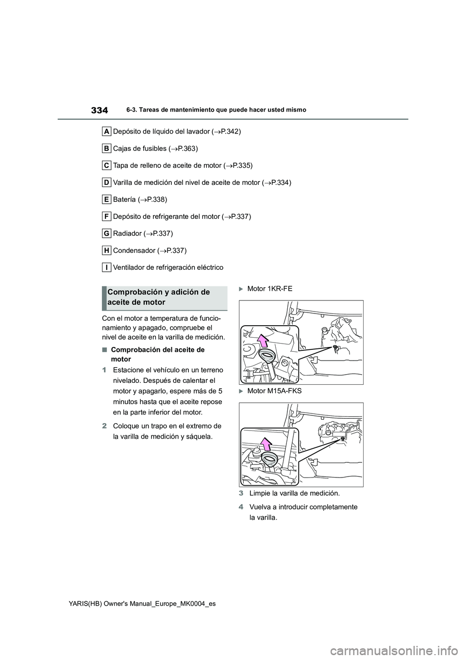 TOYOTA YARIS HATCHBACK 2021  Manual del propietario (in Spanish) 334
YARIS(HB) Owners Manual_Europe_MK0004_es
6-3. Tareas de mantenimiento que puede hacer usted mismo
Depósito de líquido del lavador (→P.342)
Cajas de fusibles (→P.363)
Tapa de relleno de acei