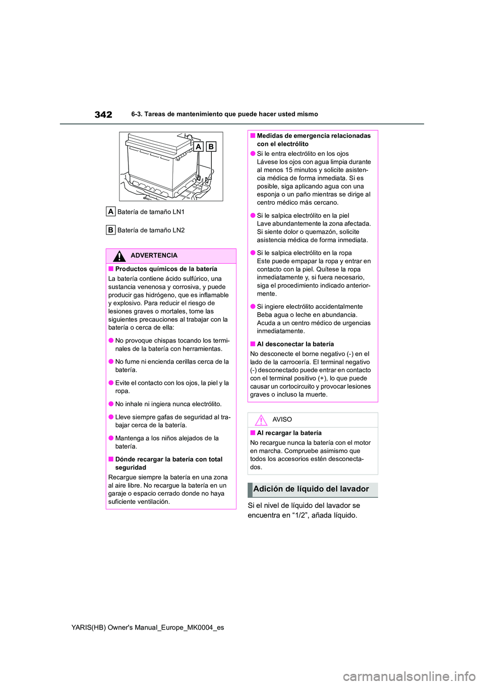 TOYOTA YARIS HATCHBACK 2021 Manual del propietario (in Spanish) 342
YARIS(HB) Owners Manual_Europe_MK0004_es
6-3. Tareas de mantenimiento que puede hacer usted mismo
Batería de tamaño LN1
Batería de tamaño LN2
Si el nivel de líquido del lavador se
encuen TOYOTA YARIS HATCHBACK 2021 Manual del propietario (in Spanish) 342
YARIS(HB) Owners Manual_Europe_MK0004_es
6-3. Tareas de mantenimiento que puede hacer usted mismo
Batería de tamaño LN1
Batería de tamaño LN2
Si el nivel de líquido del lavador se
encuen