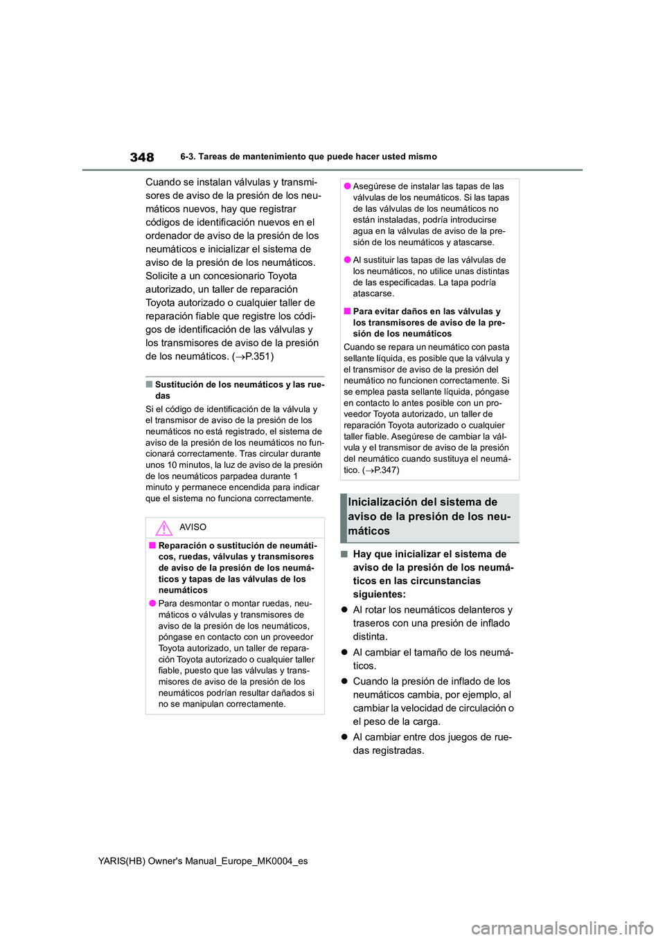 TOYOTA YARIS HATCHBACK 2021 Manual del propietario (in Spanish) 348
YARIS(HB) Owners Manual_Europe_MK0004_es
6-3. Tareas de mantenimiento que puede hacer usted mismo
Cuando se instalan válvulas y transmi-
sores de aviso de la presión de los neu-
máticos nuevo TOYOTA YARIS HATCHBACK 2021 Manual del propietario (in Spanish) 348
YARIS(HB) Owners Manual_Europe_MK0004_es
6-3. Tareas de mantenimiento que puede hacer usted mismo
Cuando se instalan válvulas y transmi-
sores de aviso de la presión de los neu-
máticos nuevo