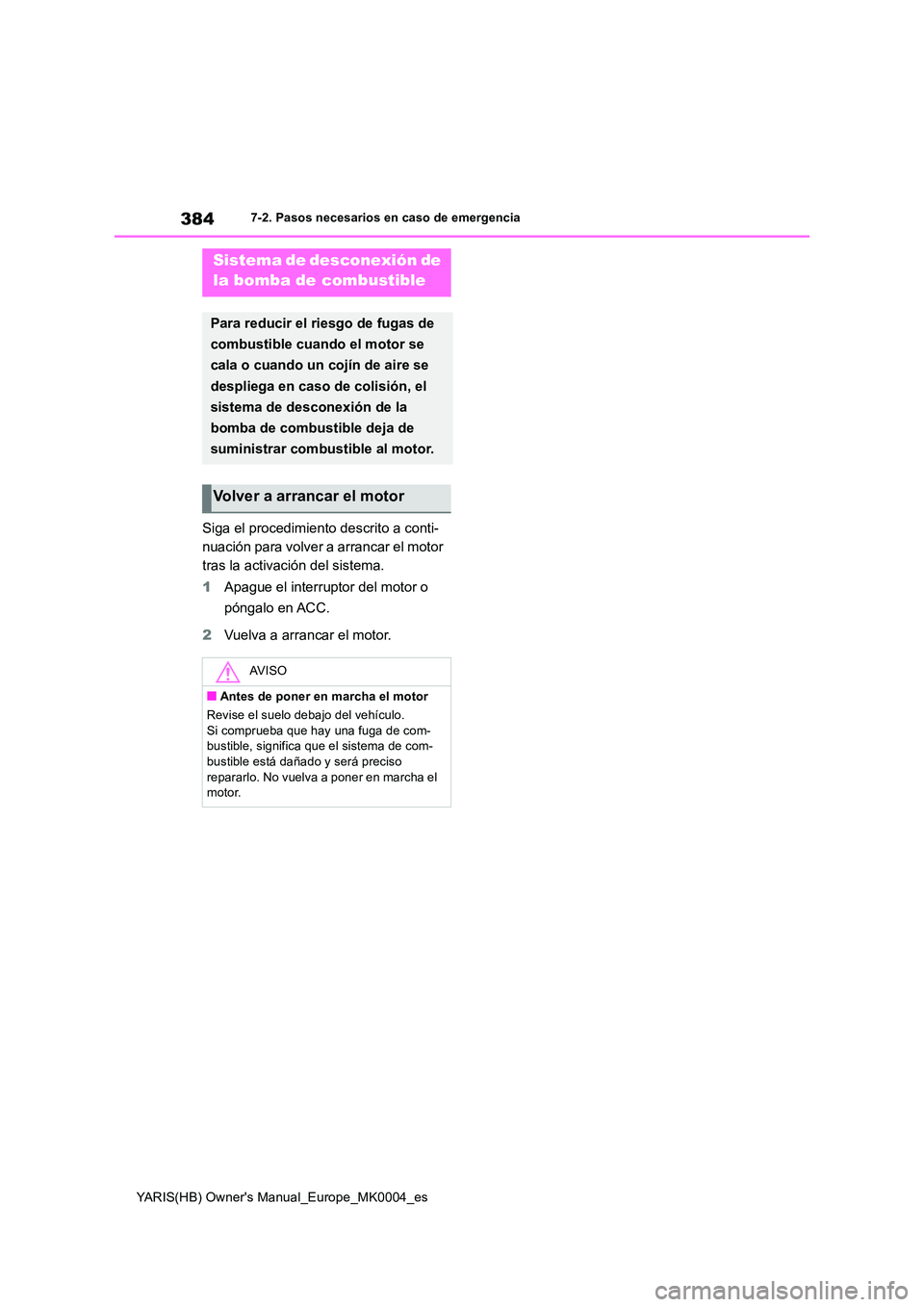 TOYOTA YARIS HATCHBACK 2021  Manual del propietario (in Spanish) 384
YARIS(HB) Owners Manual_Europe_MK0004_es
7-2. Pasos necesarios en caso de emergencia
Siga el procedimiento descrito a conti- 
nuación para volver a arrancar el motor 
tras la activación del sis