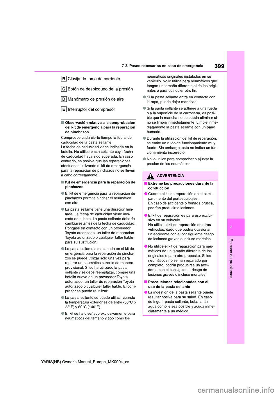 TOYOTA YARIS HATCHBACK 2021  Manual del propietario (in Spanish) 399
7
YARIS(HB) Owners Manual_Europe_MK0004_es
7-2. Pasos necesarios en caso de emergencia
En caso de problemas
Clavija de toma de corriente 
Botón de desbloqueo de la presión
Manómetro de presió