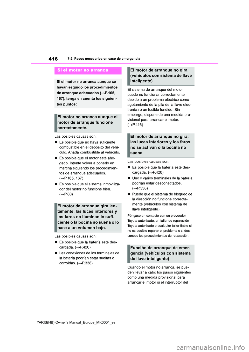 TOYOTA YARIS HATCHBACK 2021  Manual del propietario (in Spanish) 416
YARIS(HB) Owners Manual_Europe_MK0004_es
7-2. Pasos necesarios en caso de emergencia
Las posibles causas son: 
�z Es posible que no haya suficiente  
combustible en el depósito del vehí-
culo. 