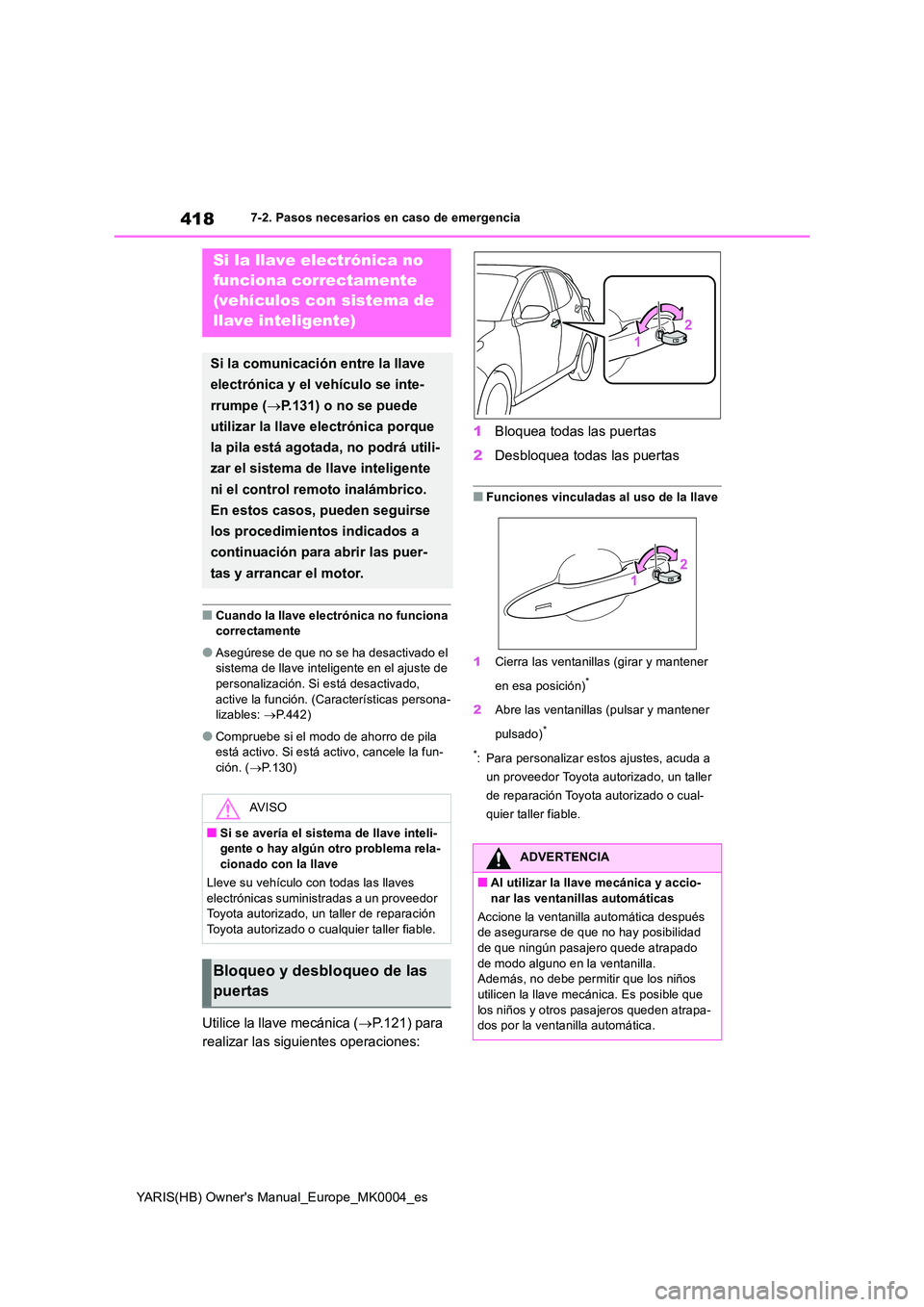 TOYOTA YARIS HATCHBACK 2021  Manual del propietario (in Spanish) 418
YARIS(HB) Owners Manual_Europe_MK0004_es
7-2. Pasos necesarios en caso de emergencia
■Cuando la llave electrónica no funciona  correctamente
●Asegúrese de que no se ha desactivado el sistem