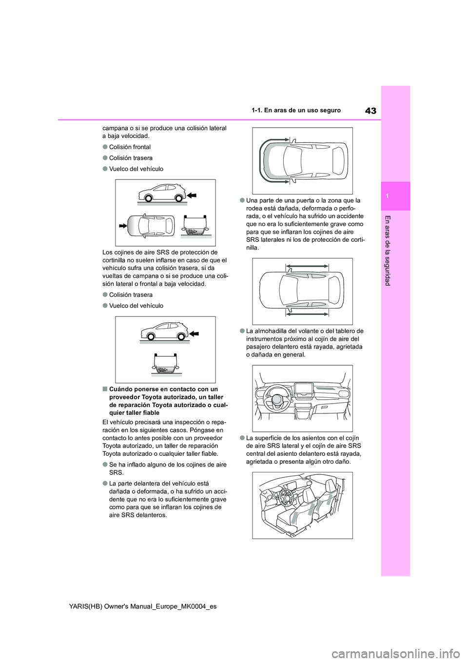 TOYOTA YARIS HATCHBACK 2021  Manual del propietario (in Spanish) 43
1
YARIS(HB) Owners Manual_Europe_MK0004_es
1-1. En aras de un uso seguro
En aras de la seguridad
campana o si se produce una colisión lateral  a baja velocidad.
●Colisión frontal
●Colisión 