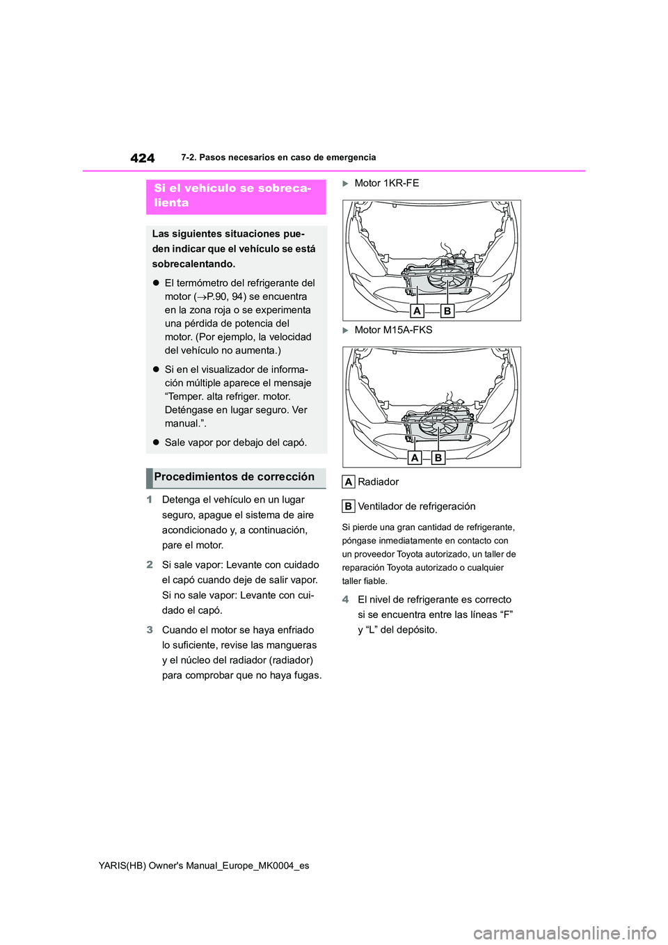TOYOTA YARIS HATCHBACK 2021  Manual del propietario (in Spanish) 424
YARIS(HB) Owners Manual_Europe_MK0004_es
7-2. Pasos necesarios en caso de emergencia
1Detenga el vehículo en un lugar  
seguro, apague el sistema de aire  
acondicionado y, a continuación,  
pa
