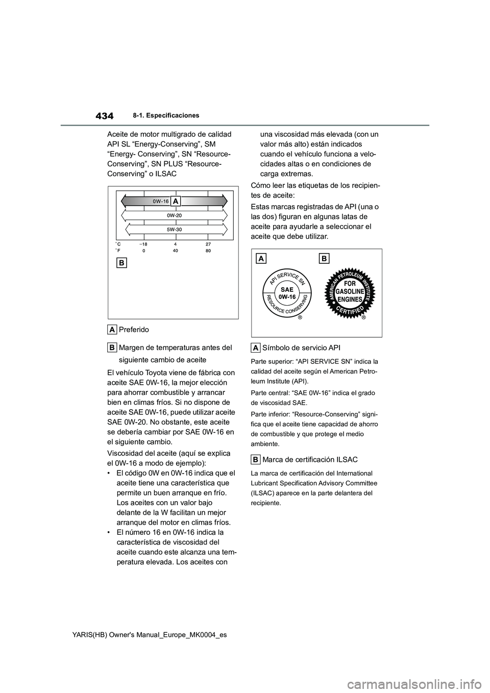 TOYOTA YARIS HATCHBACK 2021  Manual del propietario (in Spanish) 434
YARIS(HB) Owners Manual_Europe_MK0004_es
8-1. Especificaciones
Aceite de motor multigrado de calidad 
API SL “Energy-Conserving”, SM 
“Energy- Conserving”, SN “Resource-
Conserving”, 