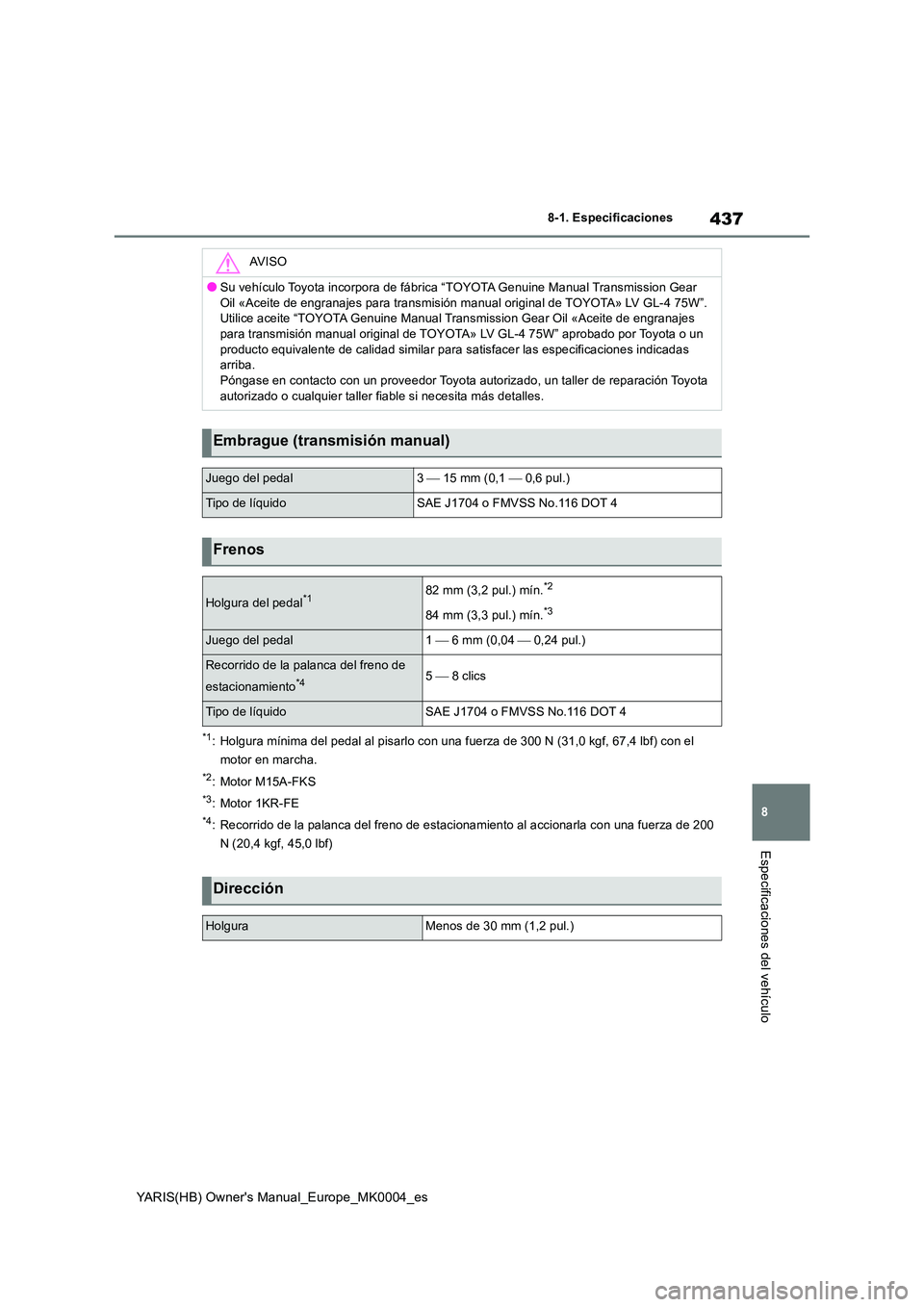 TOYOTA YARIS HATCHBACK 2021  Manual del propietario (in Spanish) 437
8
YARIS(HB) Owners Manual_Europe_MK0004_es
8-1. Especificaciones
Especificaciones del vehículo
*1: Holgura mínima del pedal al pisarlo con una fuerza de 300 N (31,0 kgf, 67,4 lbf) con el  
moto